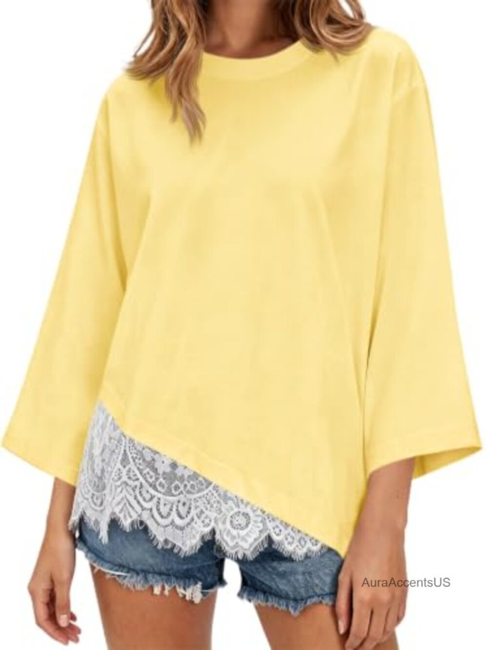 Oversized 3/4 Sleeve T-Shirt with Lace Trim Hem Women's Dressy Casual Top